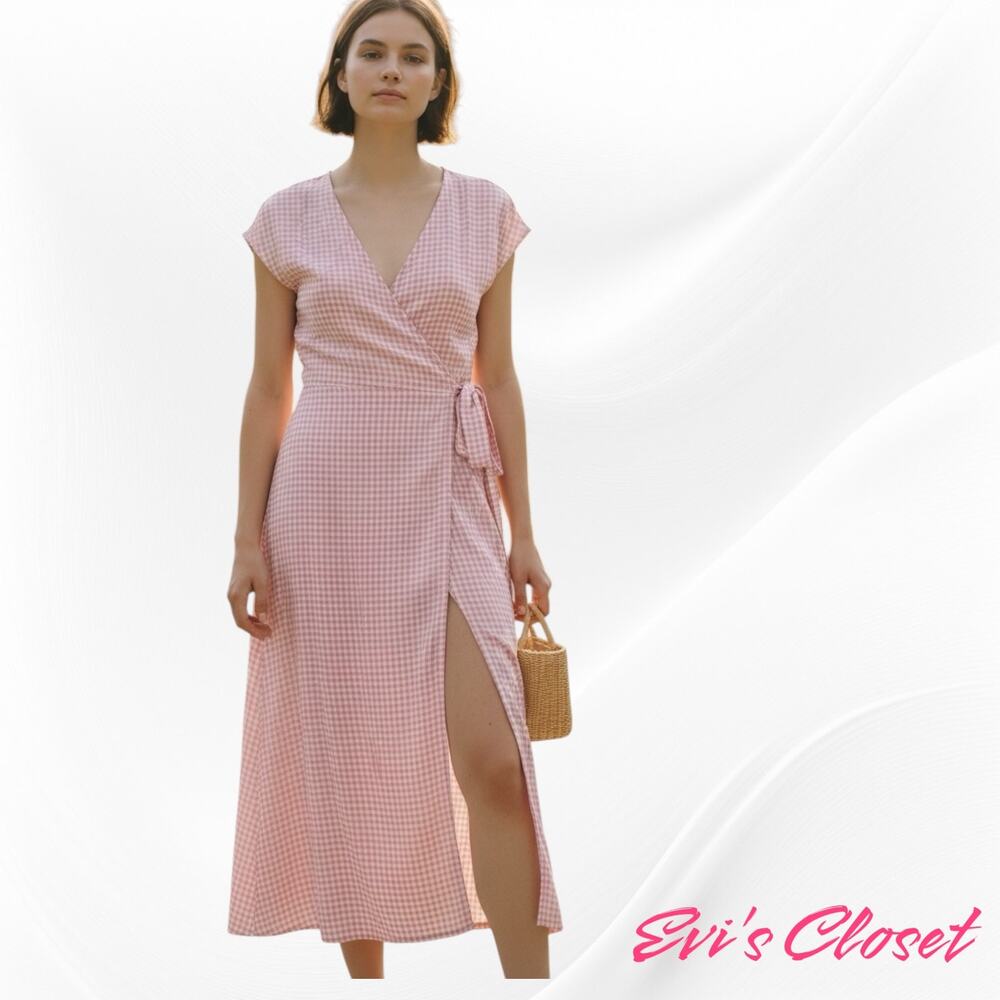 Urban Outfitters Women's Her Zing Self Tie Wrap Long Midi Dress Pink White Sz M